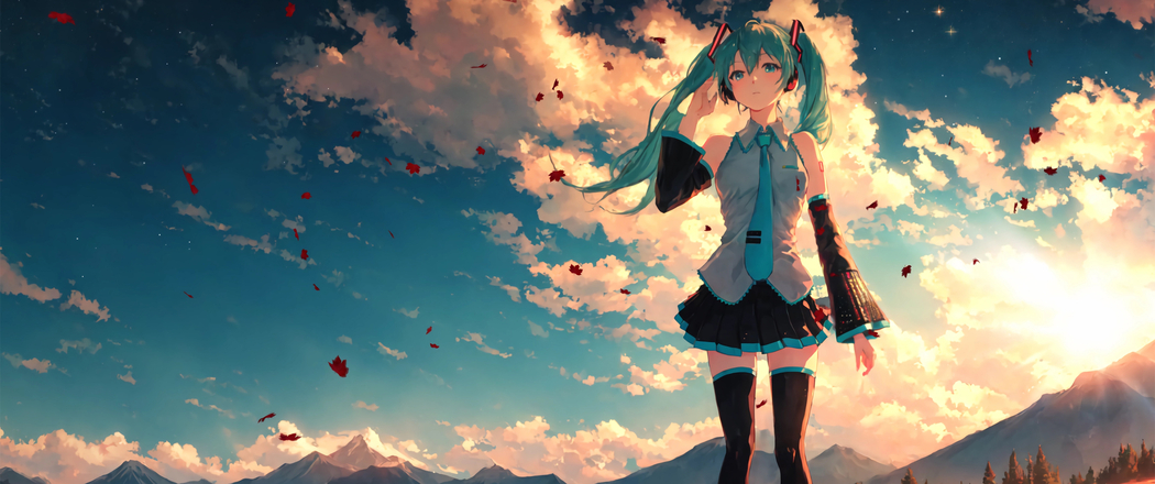 初音未来黄昏天空4K带鱼屏动漫壁纸高清下载