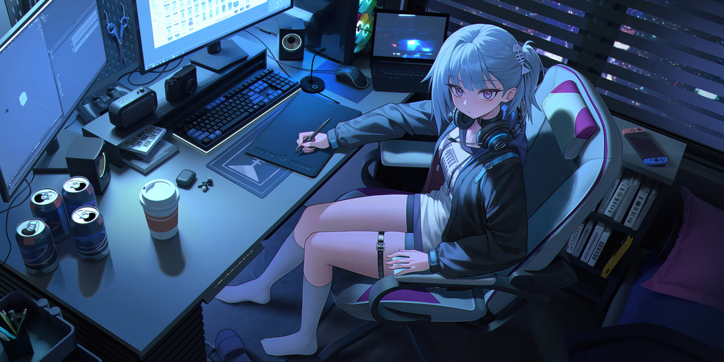 蓝发动漫少女房间坐椅绘画，5K/4K高清壁纸下载（5760x2880）