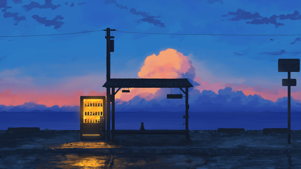 4K高清壁纸，傍晚天空云朵日落，猫咪与公交车站电线美景，3840x2160下载