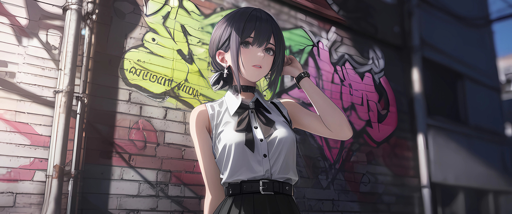 4K高清动漫壁纸，街头涂鸦背景个性美女，3440x1440带鱼屏专属下载
