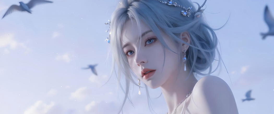 唯美公主与海鸥4K动漫壁纸，3440x1440带鱼屏高清下载