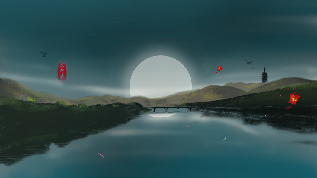 七夕主题厚涂山水画忘忧草 5K超高清壁纸 5120x2880分辨率下载