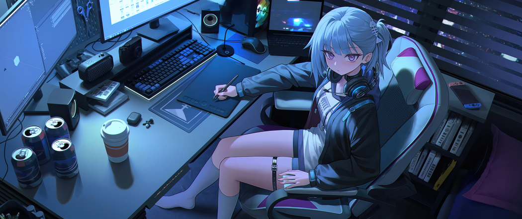 4K高清动漫壁纸，画画女孩与电脑画板，3440x1440带鱼屏专享