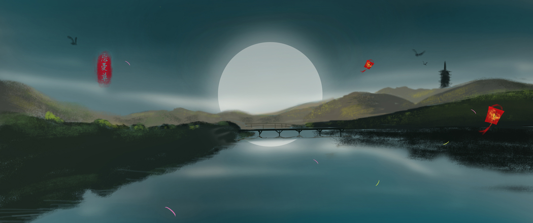 七夕主题厚涂山水画忘忧草 4K带鱼屏高清壁纸3440x1440下载