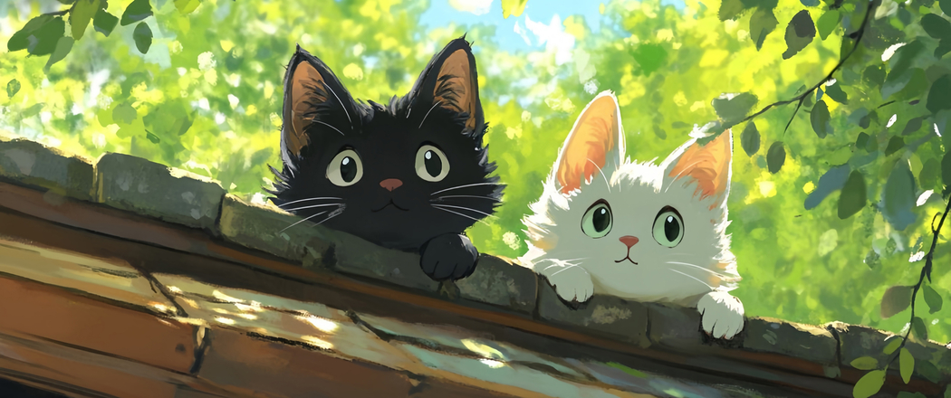 墙头双猫树荫治愈系绘画，4K带鱼屏壁纸3440x1440高清动物图片下载