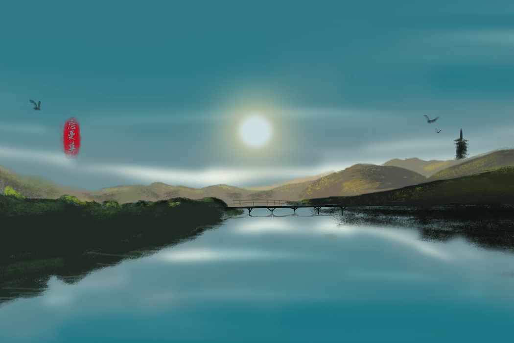 高清山水画壁纸，河流小桥美景，3000x2000分辨率，适配平板/笔记本