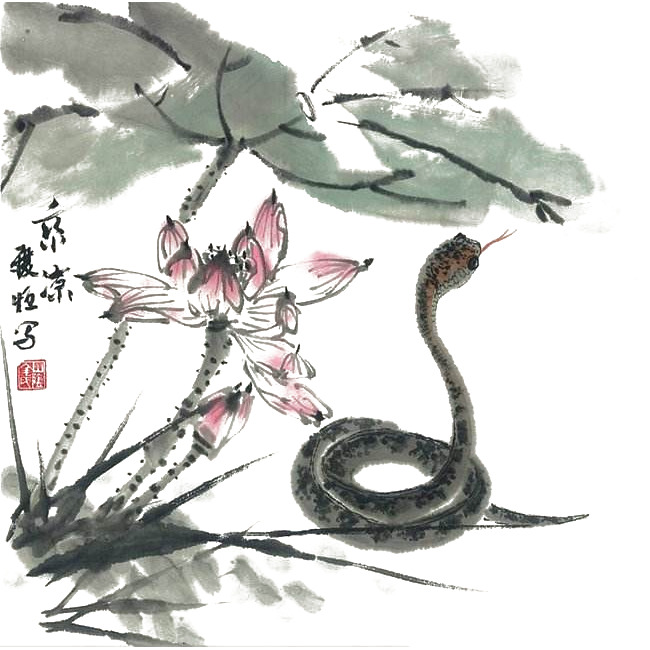 古风莲花蛇形水墨PNG透明装饰元素设计素材下载