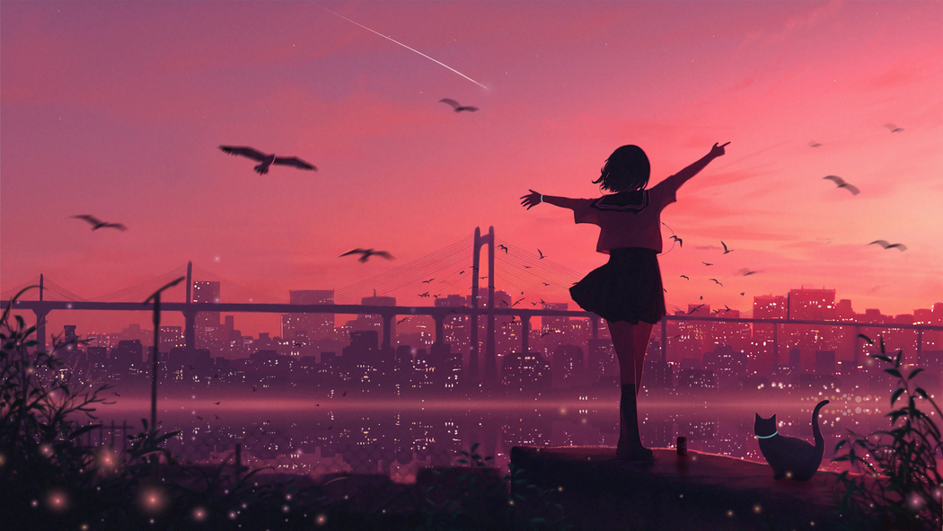 4K高清壁纸，黄昏中少女背影眺望城市，3840x2160动漫壁纸下载