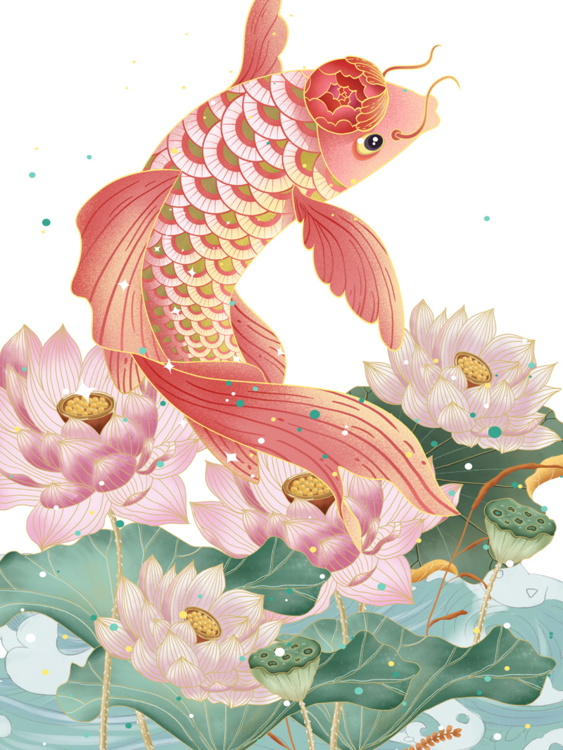 中国风锦鲤荷花PNG透明图片素材，高清下载