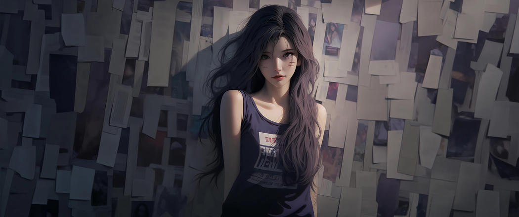 报纸墙卡莎美女4K动漫壁纸，3440x1440带鱼屏高清下载