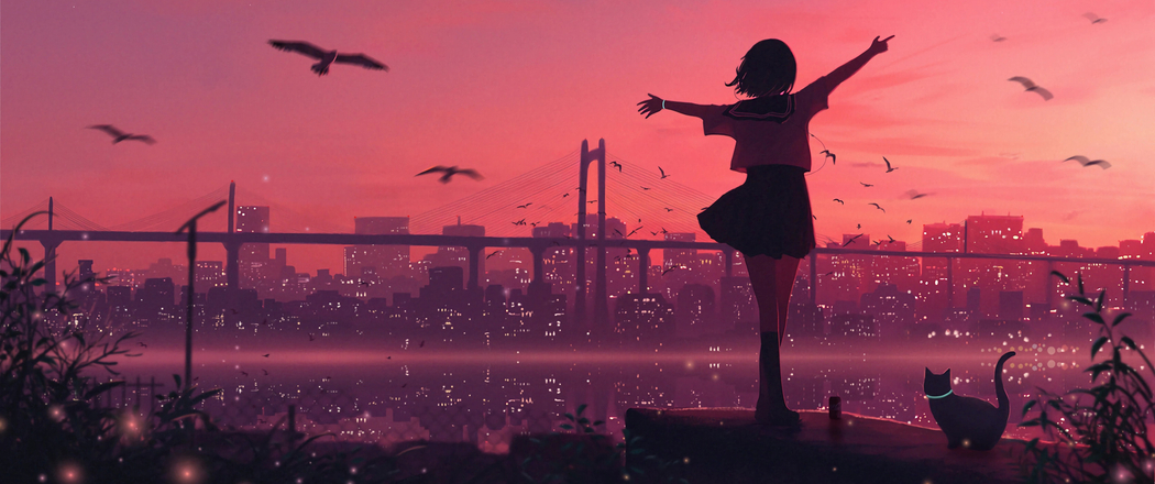 4K高清动漫壁纸，黄昏中少女背影眺望城市，带鱼屏3440x1440下载