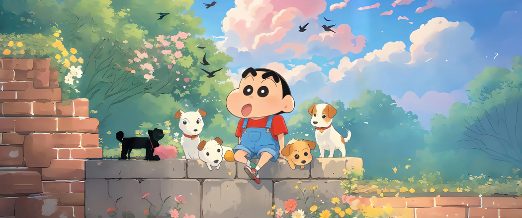 蜡笔小新4K动漫高清壁纸，花园树林砖墙主题，带鱼屏3440x1440分辨率下载