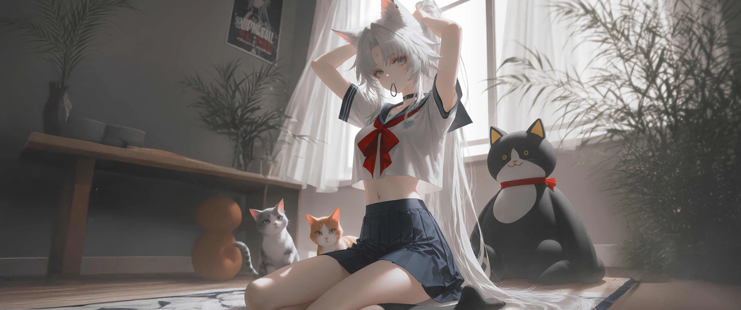 飞霄猫耳4K超清壁纸，3440x1440带鱼屏动漫图片下载