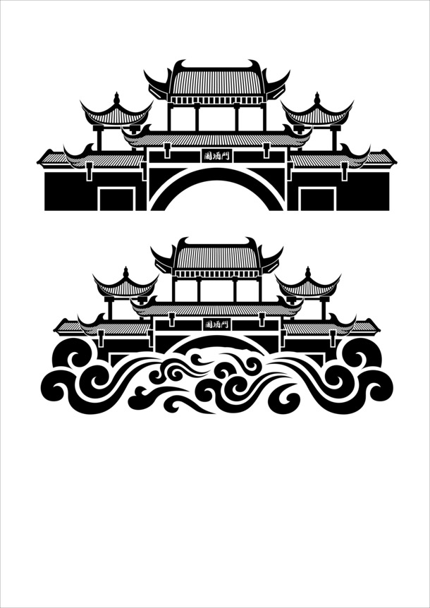 国酒门建筑简笔画PNG透明免扣素材高清下载
