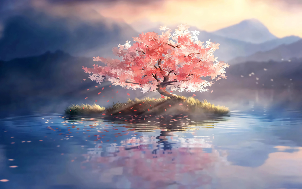 湖心孤树红叶映，4K高清壁纸3840x2400下载