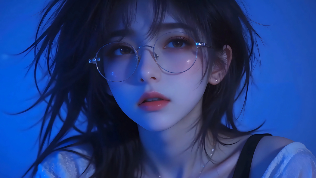 戴眼镜美女4K动漫壁纸，蓝色背景高清3840x2160下载