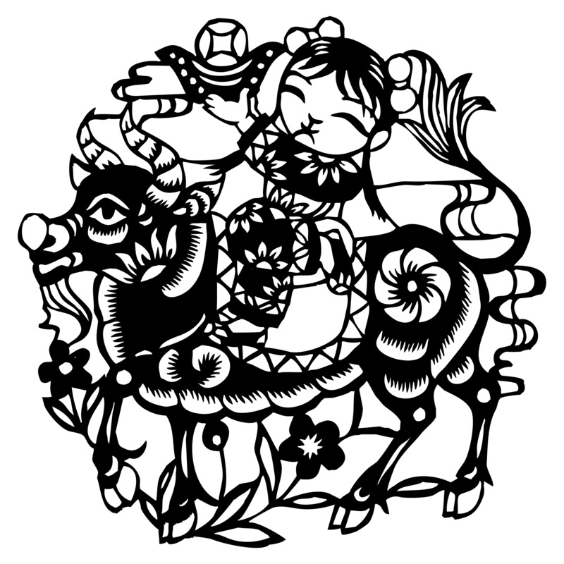 骑牛娃携元宝年画剪纸高清PNG透明图，元旦春节元宵节日AI设计素材下载