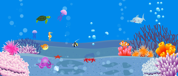 高清透明PNG，卡通海底鱼群珊瑚背景banner设计素材下载