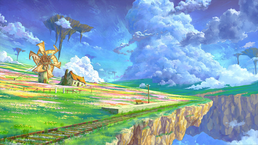 4K高清，天空之岛绿草繁花风车屋与火车轨道风景壁纸3840x2160下载
