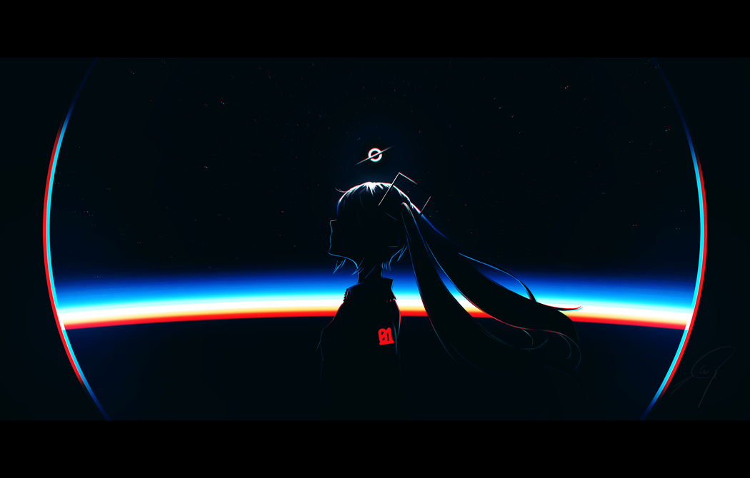 初音未来动漫女孩，深色宇宙星空背景4K高清壁纸4640x2960下载
