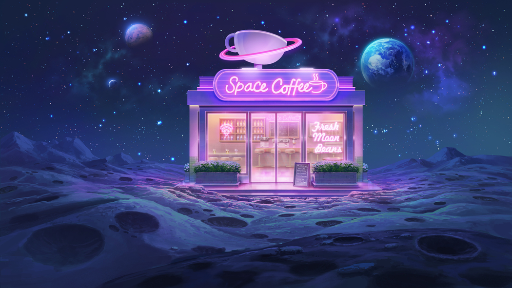 4K高清，太空月球星星霓虹灯小店咖啡吧风景壁纸3840x2160下载