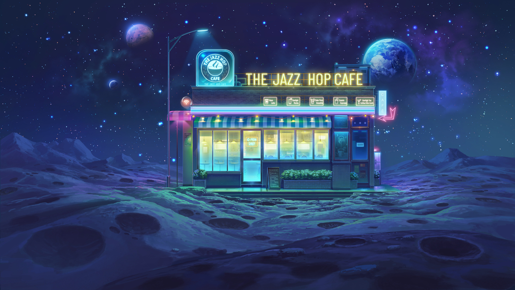 4K高清，太空月亮行星星星风景壁纸，含小商店路灯霓虹灯，3840x2160下载