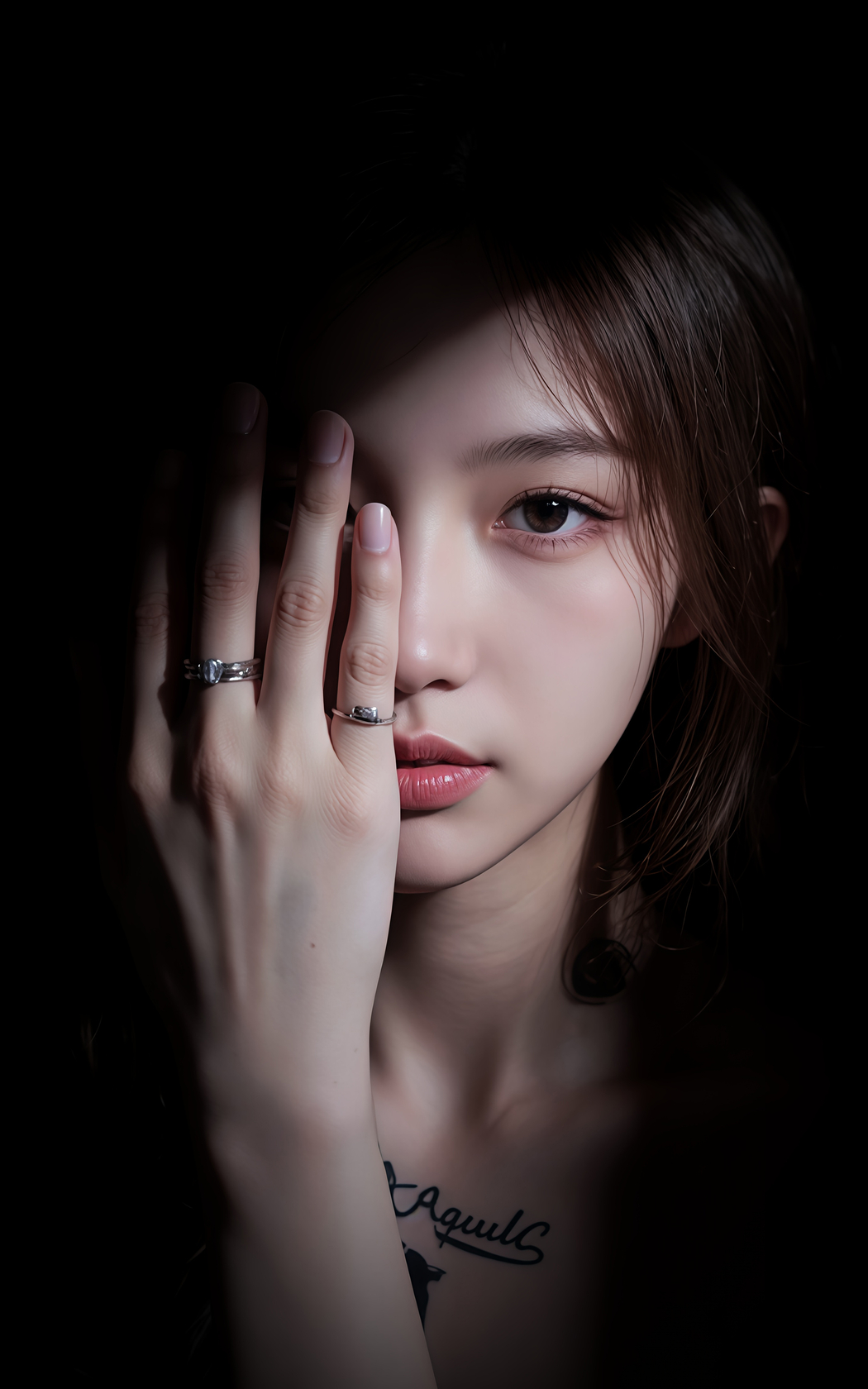 暗黑背景下光影美女半遮面，4K竖屏高清手机壁纸2400x3840下载