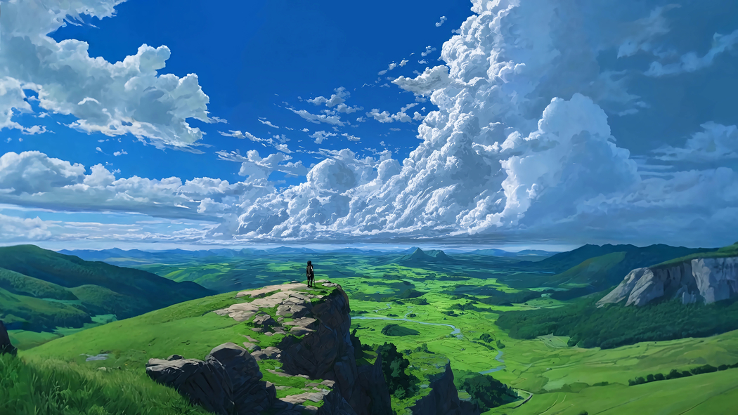 4K超清绘画壁纸，山脉悬崖旷野与绿色田野，蓝天云海交织的3840x2160绝美风景下载