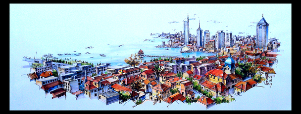中国风高清全景城市画卷PNG透明背景古典设计素材下载
