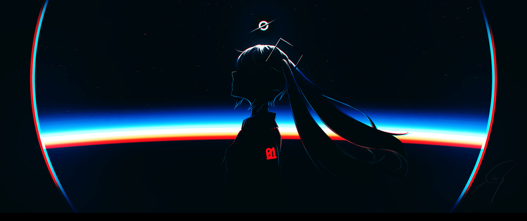 初音未来宇宙主题4K高清深色背景3440x1440带鱼屏动漫壁纸下载