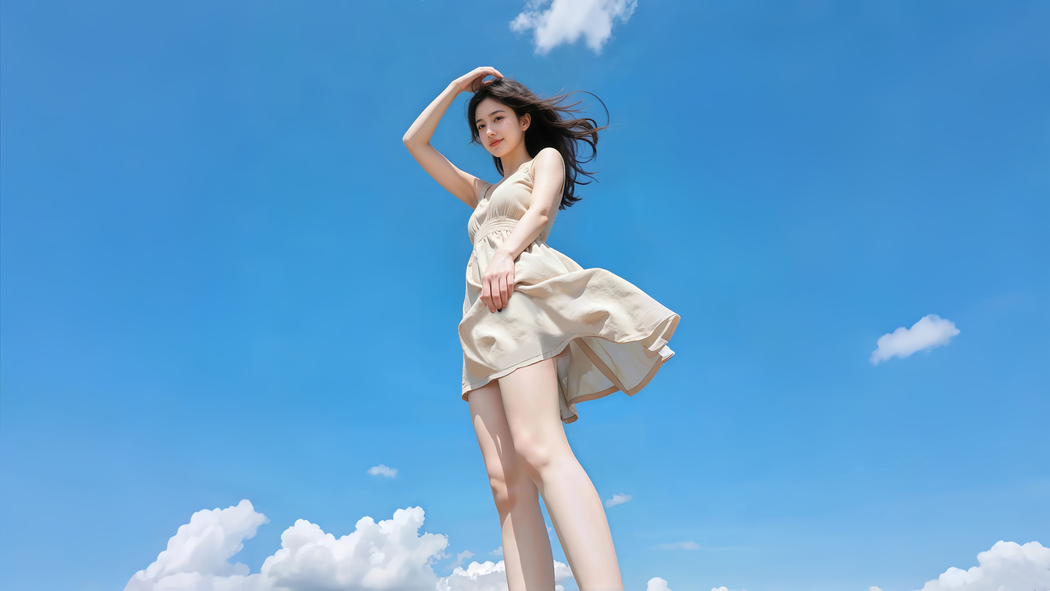 4K高清，晴天之下蓝天白云映衬的阳光美女连衣裙壁纸3840x2160下载