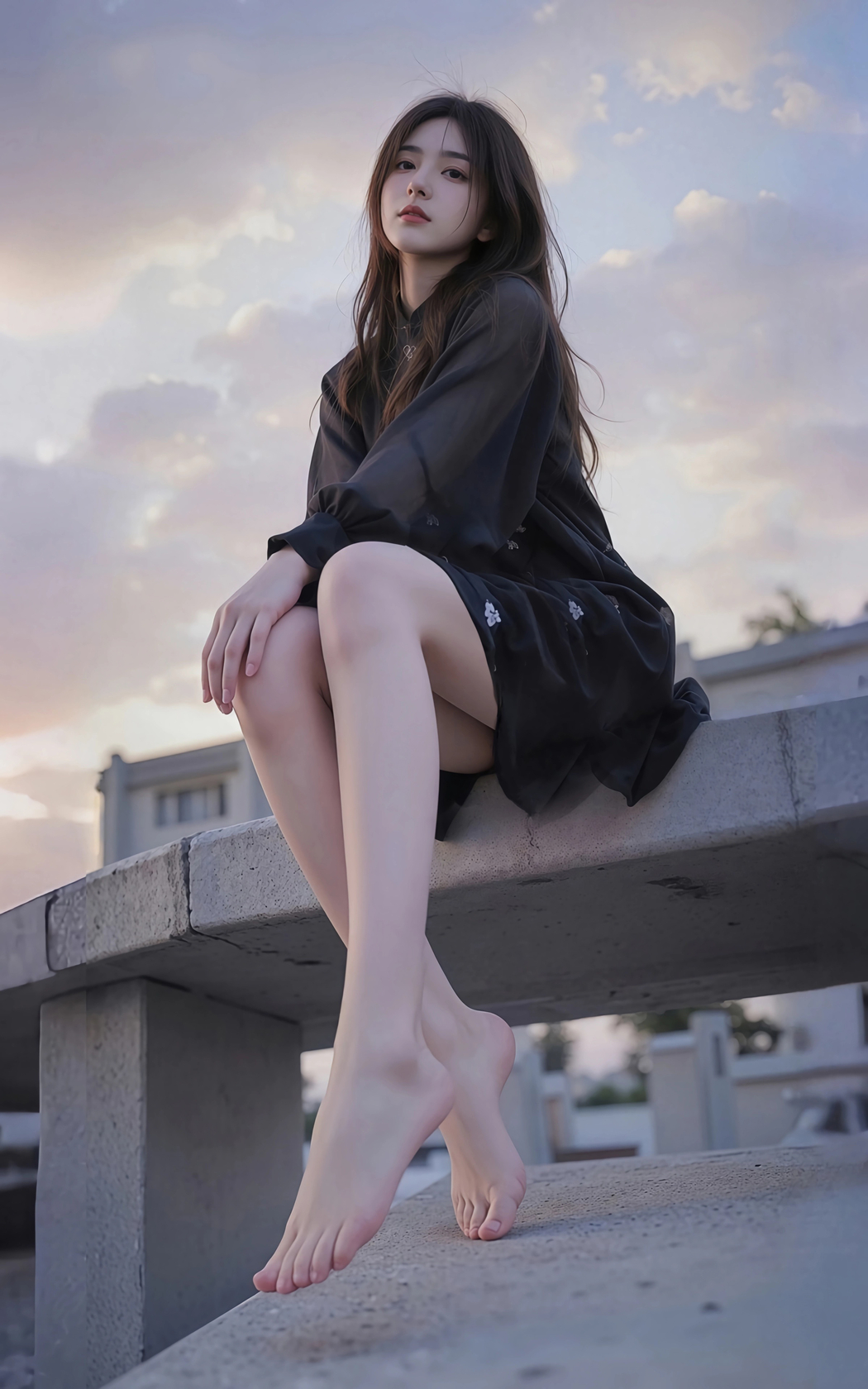 4K竖屏高清，夕阳下黑衣美女仰拍绝美手机壁纸2400x3840下载