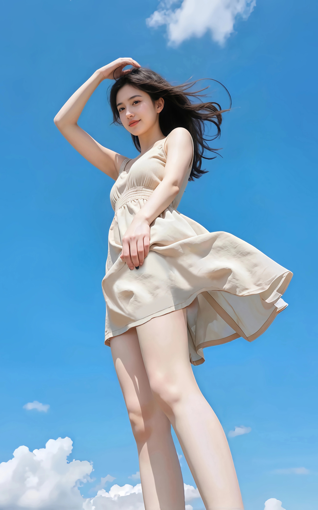 晴天丽景下蓝天白云映衬的阳光美女连衣裙4K竖屏手机高清壁纸2400x3840下载
