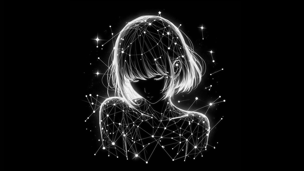 暗黑背景下的星光短发女孩，星座连线与星点交织，4K高清动漫壁纸4000x2250下载