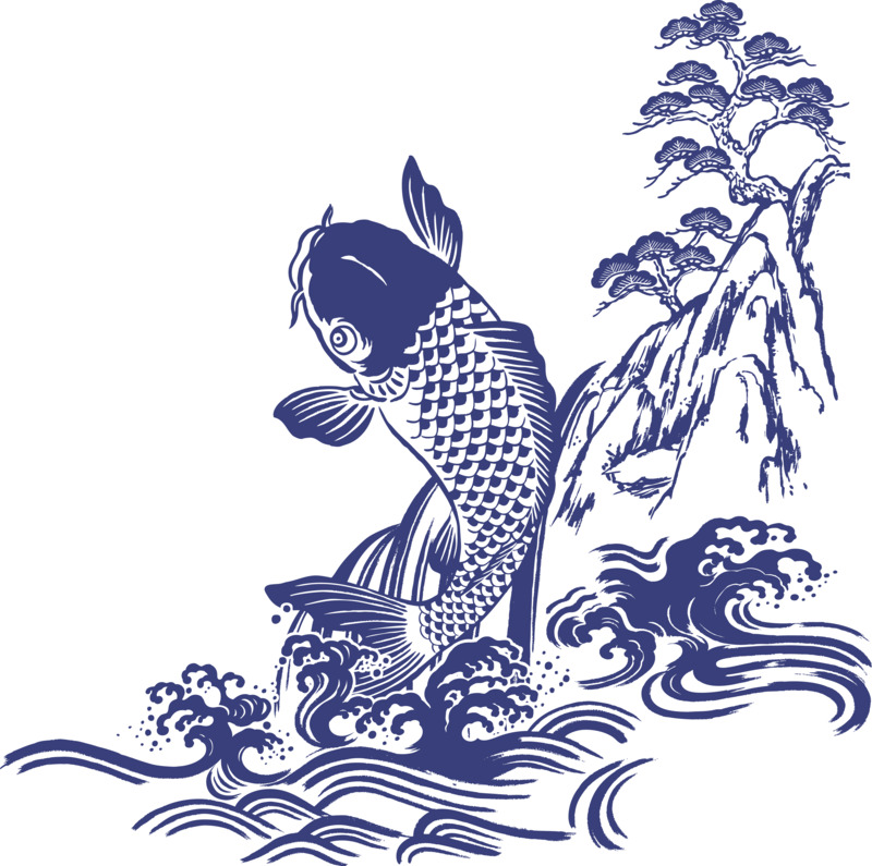 中国风设计素材，高清透明PNG蓝色鲤鱼装饰元素图片下载