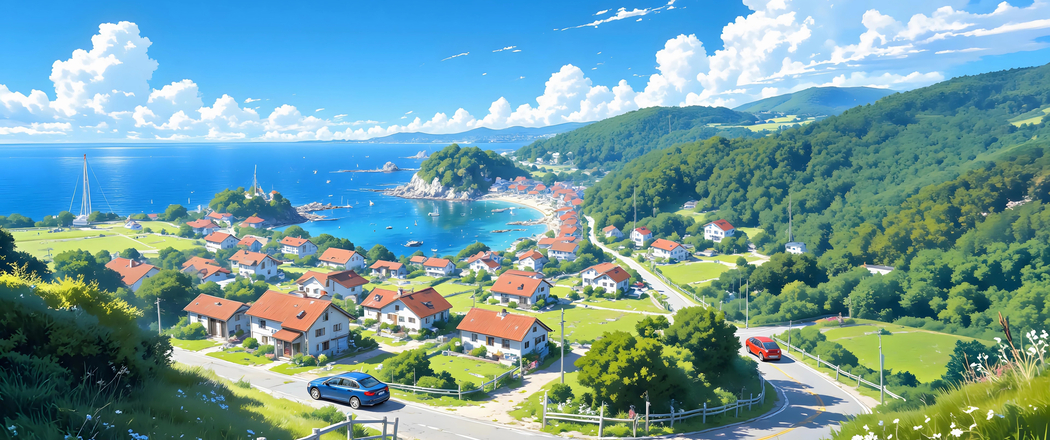 4K高清治愈系海边小镇风景，3440x1440带鱼屏专属壁纸下载
