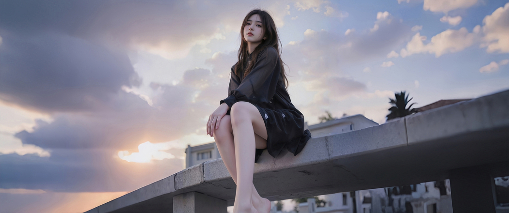4K高清动漫壁纸，3440x1440带鱼屏下仰拍黑裙美女与夕阳天空美景