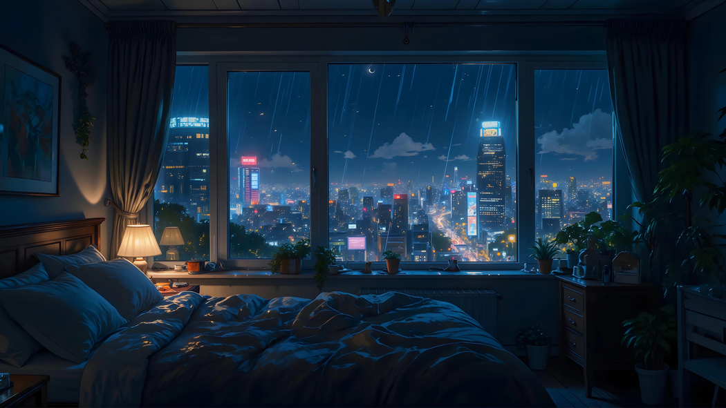 4K高清卧室窗景壁纸，台灯映照雨夜城市美景，温馨房间动漫风下载