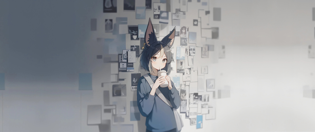 4K高清3440x1440带鱼屏壁纸，小女孩喝奶茶配兽耳的动漫照片墙下载