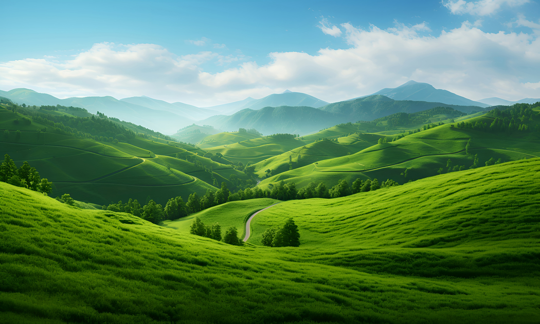4K高清壁纸下载，绿色草地、山丘、蓝天白云与远山青山的绝美风景（3840x2304）