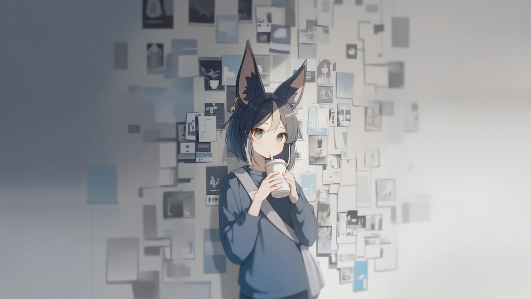 4K高清壁纸，戴兽耳喝奶茶小女孩动漫照片墙（3840x2160）下载