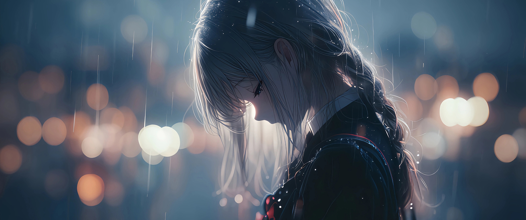 4K高清3440x1440带鱼屏，雨中夜景灯光下的双马尾少女动漫壁纸下载