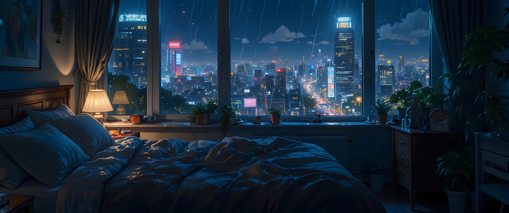 3440x1440带鱼屏4K高清，温馨卧室台灯下赏城市雨夜窗景动漫壁纸下载