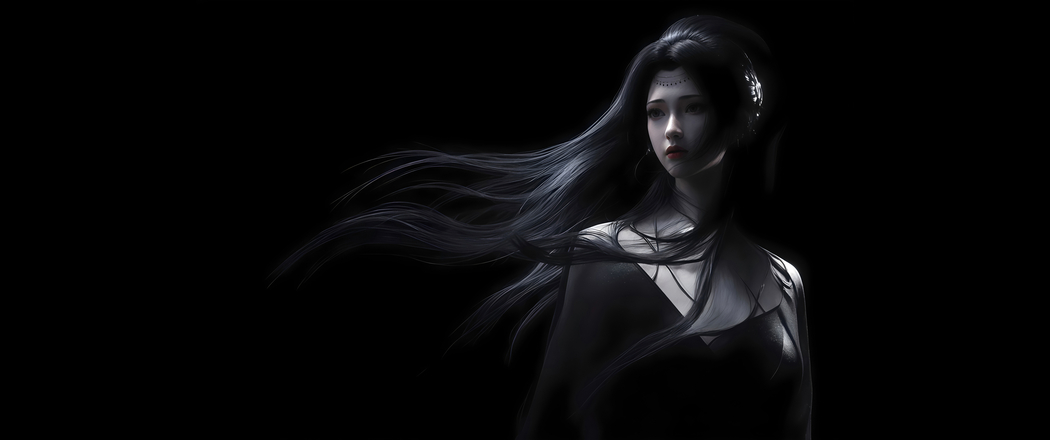 4K高清3440x1440带鱼屏，暗黑女神长发飘逸黑色背景动漫壁纸下载