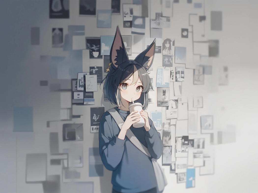 4K高清，戴兽耳的可爱小女孩喝奶茶动漫壁纸照片墙（3840x2878）下载