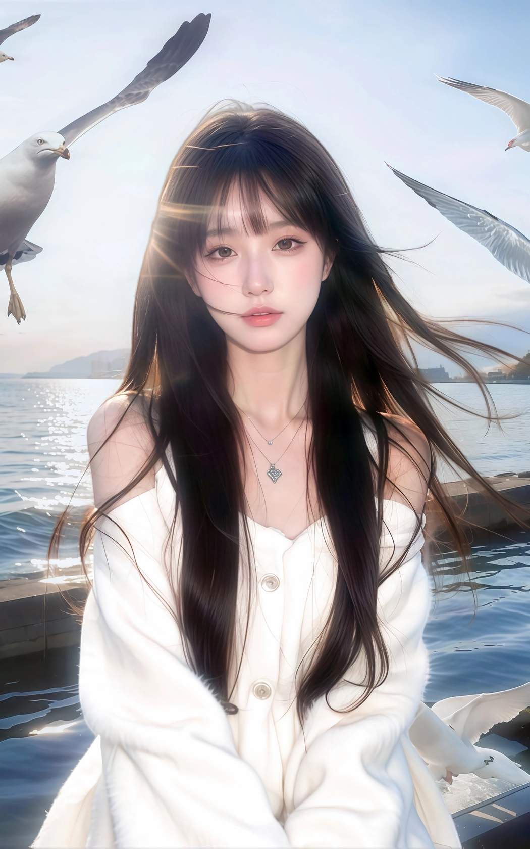 4K竖屏高清壁纸，白衣长发美女与海鸥共舞蓝天之下（2400x3840下载）