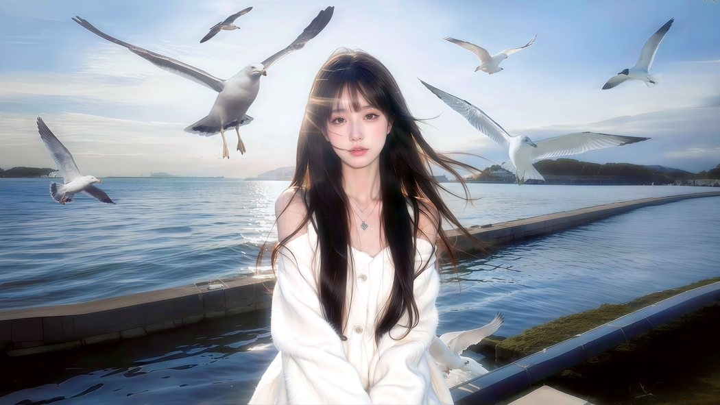 4K高清，湖面之上白衣长发美女与海鸥共舞的天空壁纸3840x2160下载