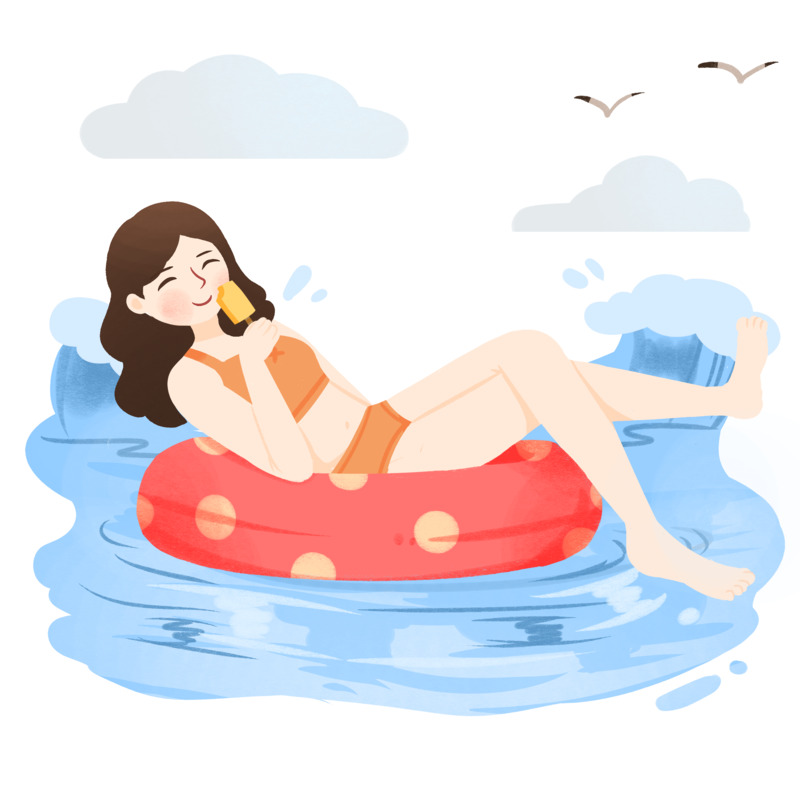 高清透明PNG素材下载，含海滩旅游戏水游泳女孩及节日元素设计图