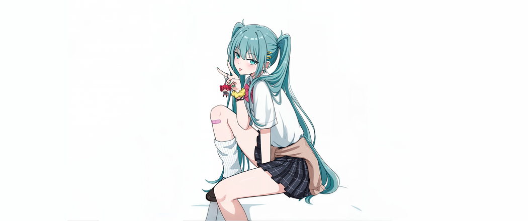 4K高清初音未来双马尾造型壁纸，适配3440x1440带鱼屏，白色背景动漫图下载