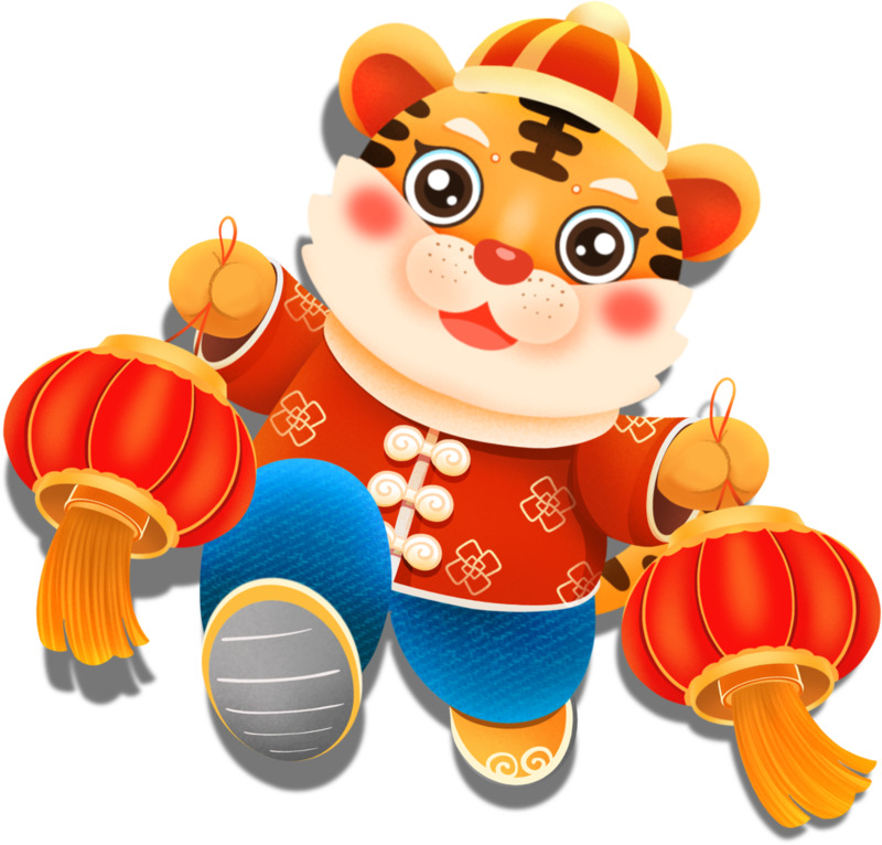 新年虎提灯笼手绘卡通高清透明PNG及PSD设计素材下载